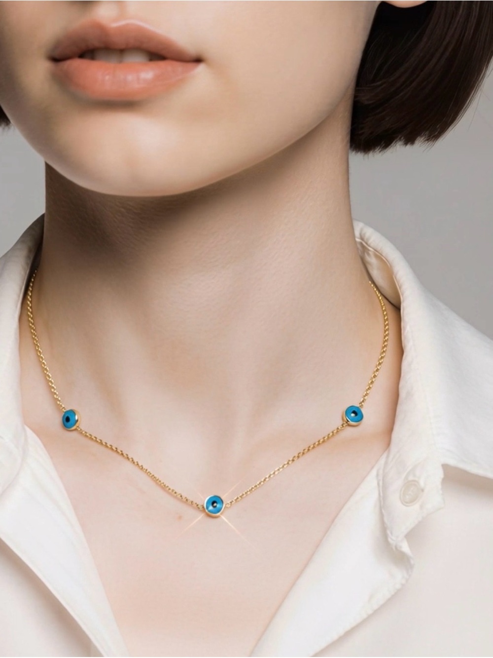 Gold Chain Necklace with Blue Evil Eye Accents